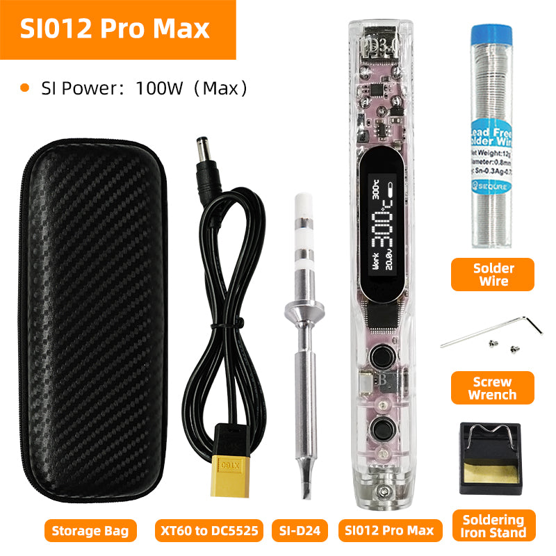 Soldador portátil SEQURE SI012 Pro Max OLED con luz ambiental de color. Menú en chino, inglés y ruso. Puntas para soldador T12/TS/SI.