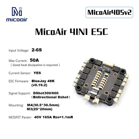 MicoAir 405v2 Stack with F405 BMI088 FC and 2-6S 50A Bluejay 4in1 ESC - 30x30mm