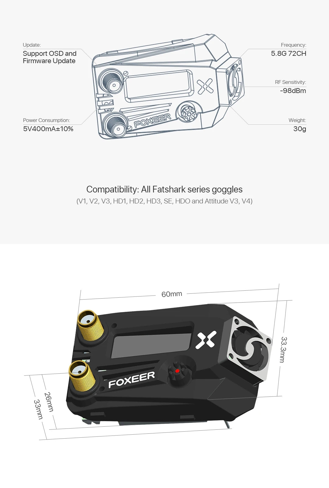 Foxeer Wildfire 5,8 GHz 72-Kanal-Doppelempfänger