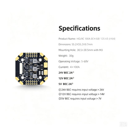 HGLRC 100A 8-Channel 12S V3 Power Distribution Board
