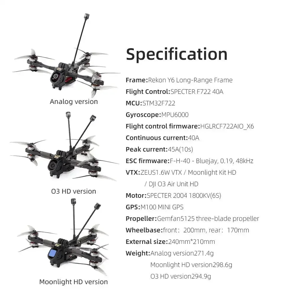 HGLRC Rekon Y6 5inch Long Range Quadcopter FPV Drone - Analog / Moonlight Kit / O4 Pro Version