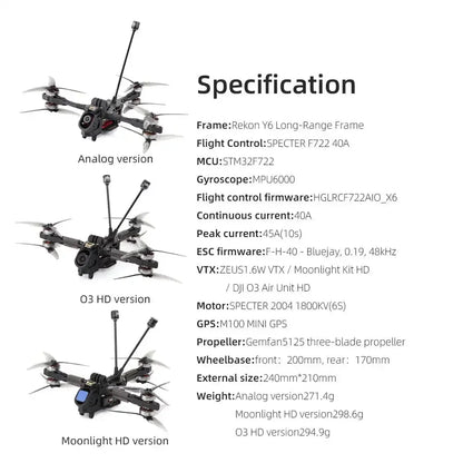 HGLRC Rekon Y6 5inch Long Range Quadcopter FPV Drone - Analog / Moonlight Kit / O4 Pro Version