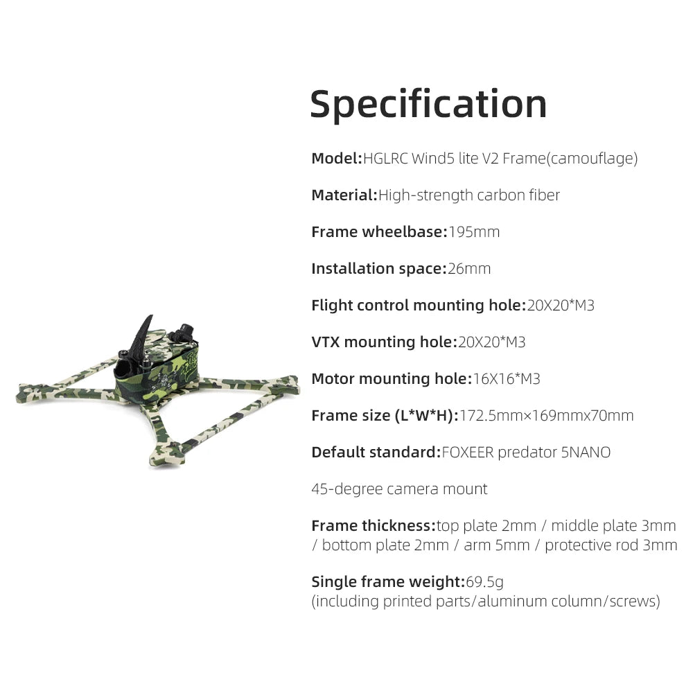HGLRC Wind 5 Lite V2 5-inch camouflage FPV racing frame kit