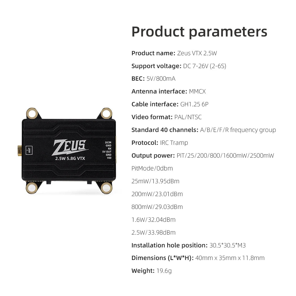 HGLRC ZEUS VTX 2,5 W High Power 5,8G Bild Übertragung Einstellbare Leistung