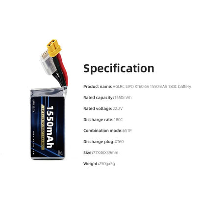 HGLRC 6S 1550mAh 180C - 3300mAh 85C - 8000mAh 85C LiPo Battery XT60 Plug for 5 Inch FPV Racing Drone Quadcopter RC FPV_2