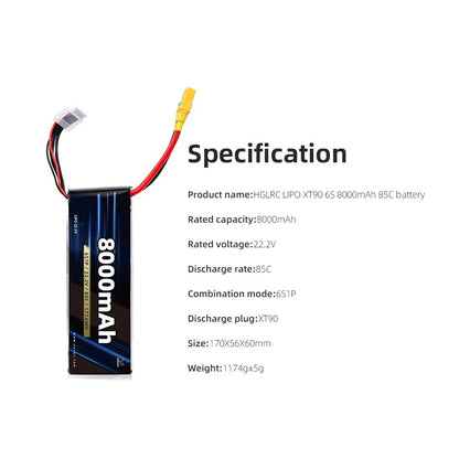HGLRC 6S 1550mAh 180C - 3300mAh 85C - 8000mAh 85C LiPo Battery XT60 Plug for 5 Inch FPV Racing Drone Quadcopter RC FPV_6