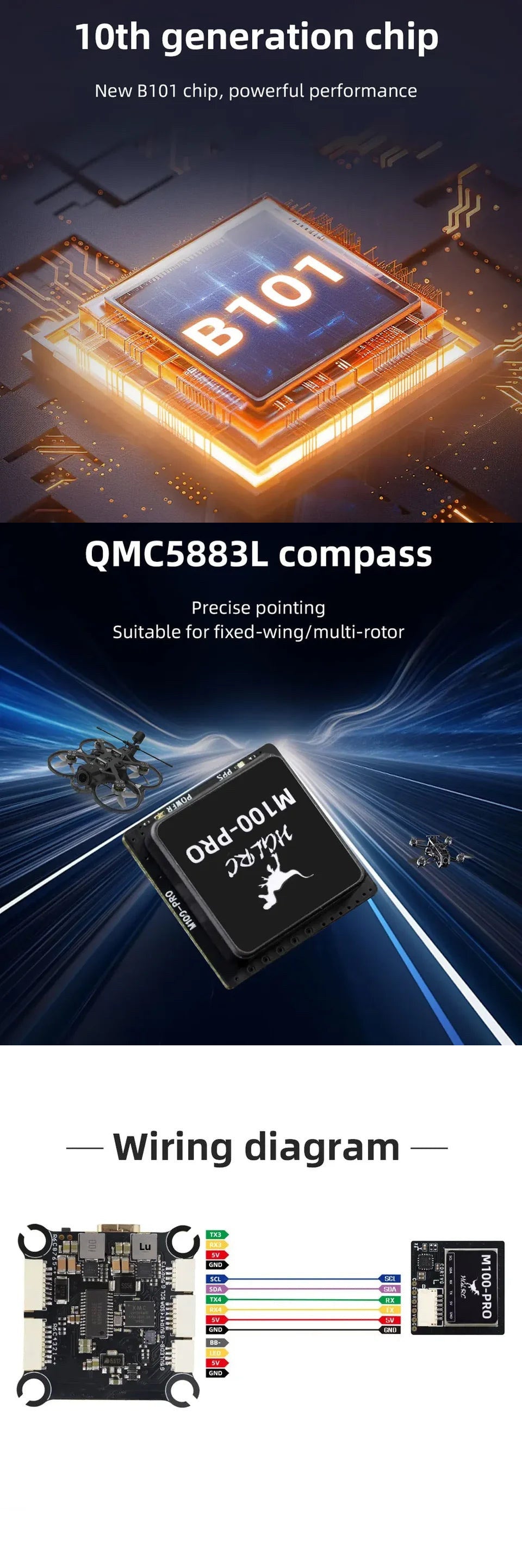 HGLRC M100 PRO GPS Chip B101 10th Generation Protocol Chip QMC5883L Compass