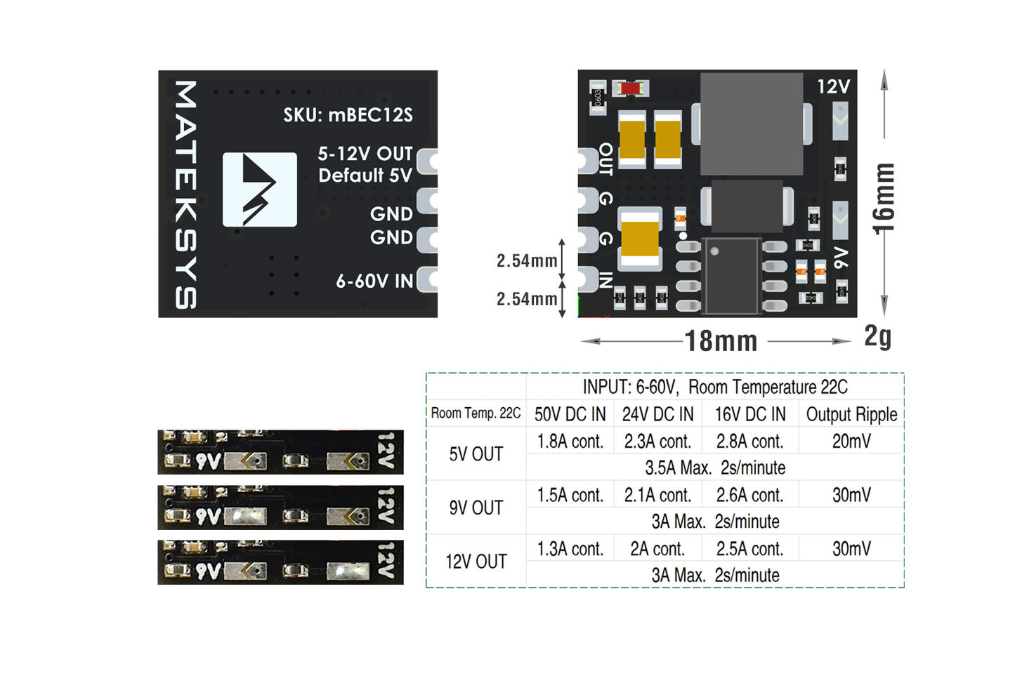 MATEK MICRO BEC 6-60V TO 5V/9V/12V-ADJ MBEC12S Step-Down Regulator Module