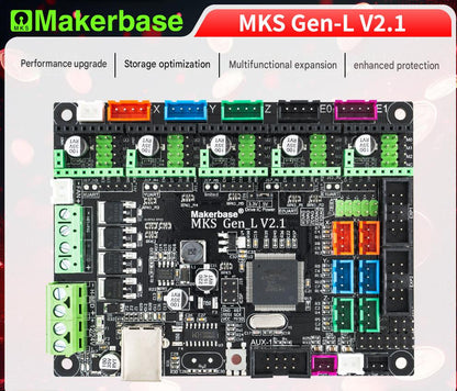 MKS Gen-L V2.1 electronic control board with Makerbase branding on a colorful background

