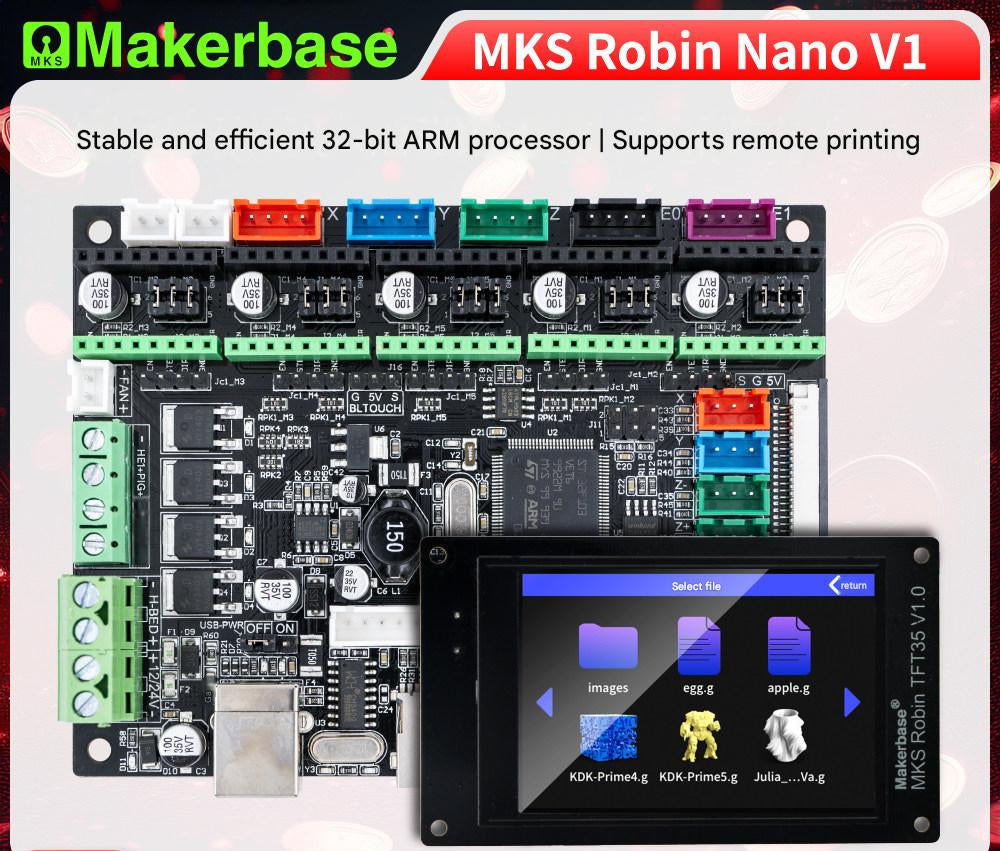 MKS Robin Nano V1 electronic board with display on a white background

