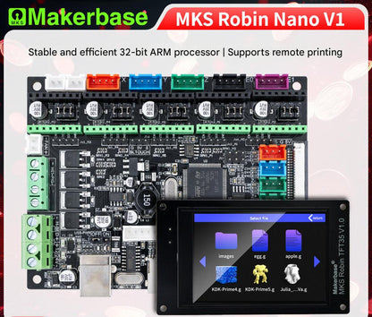 MKS Robin Nano V1 electronic board with display on a white background

