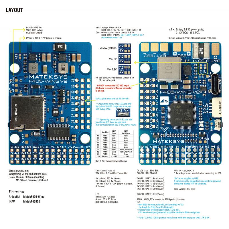 Matek Mateksys F405 WING V2 Flight Controller Built-in ICM42688P OSD SD Slot