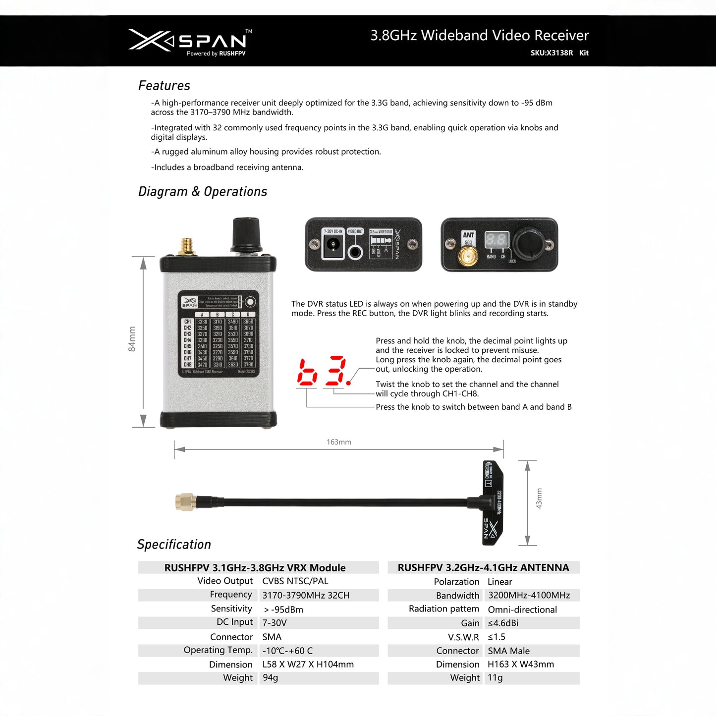 RUSHFPV 3.1G - 3.8G Ultra-wideband Receiver Antenna Kit for FPV, Fixed-wing and RC Aircraft