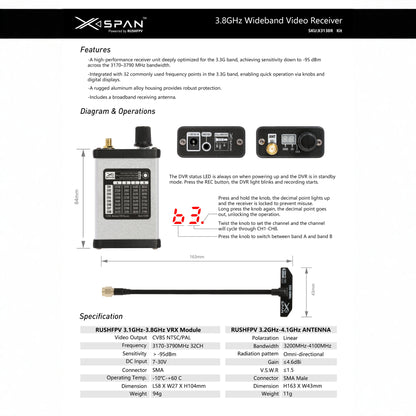 RUSHFPV 3.1G - 3.8G Ultra-wideband Receiver Antenna Kit for FPV, Fixed-wing and RC Aircraft