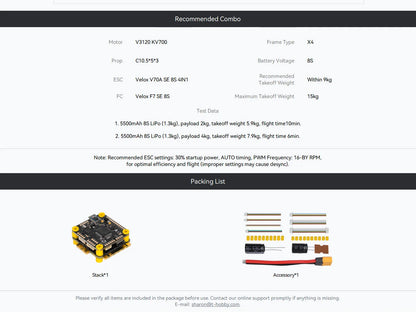 T-MOTOR Velox F7 SE 8S Stack - F7 FC + 70A 4in1 ESC Combo