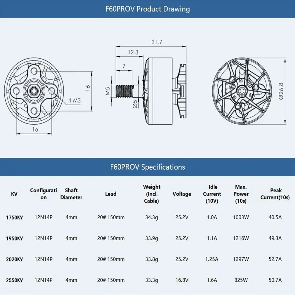 T-Motor F60 PRO V 1750KV 1950KV 2020KV 2550KV Brushless Motor