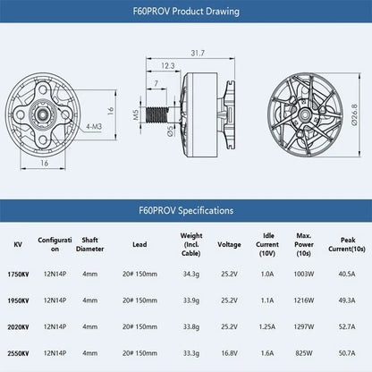 T-Motor F60 PRO V 1750KV 1950KV 2020KV 2550KV Brushless Motor