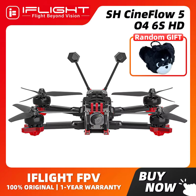 Black and red IFLIGHT CineFlow 5 FPV drone with two antennas, shown on a white background with promotional text and a random gift plush toy offer.